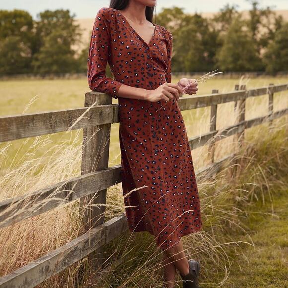 JOULES WOMEN'S GENEVIEVE RUST RED & NAVY BLUE LEOPARD MIDI SHIRT DRESS SIZE 6 - Picture 1 of 13